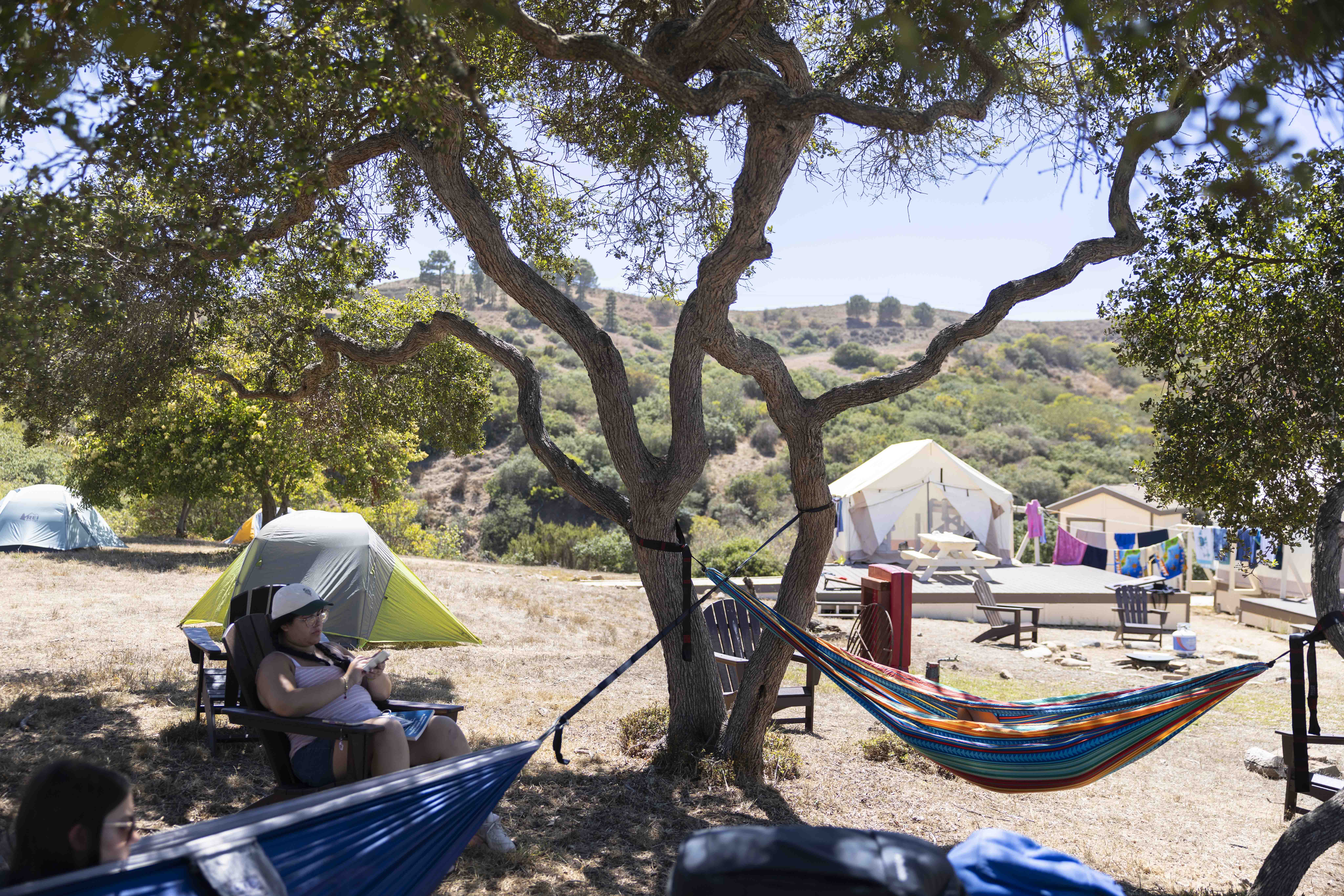 People relax in hammocks and camp chairs under a tree near tents at a campsite.